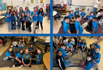  4 photos of students in groups with matching t shirts 